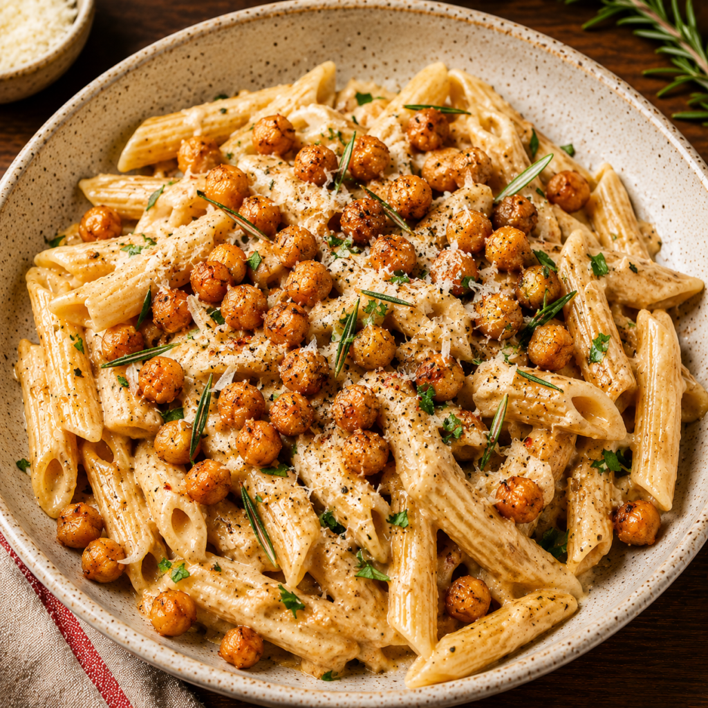 high protein vegan creamy chickpea pasta