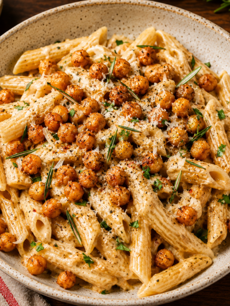 high protein vegan creamy chickpea pasta