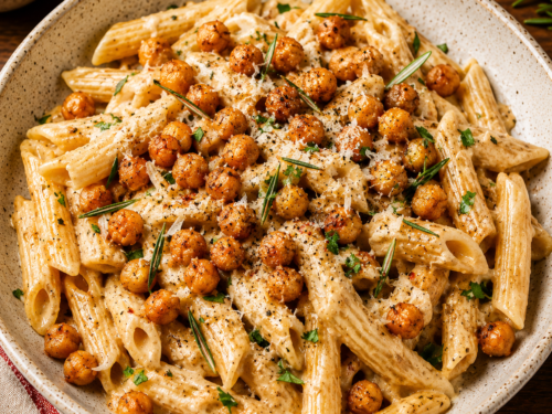 high protein vegan creamy chickpea pasta