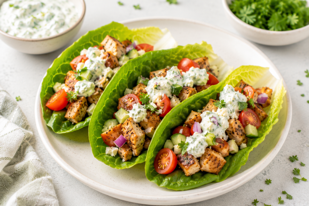 Greek Chicken Lettuce Wraps with Tzatziki