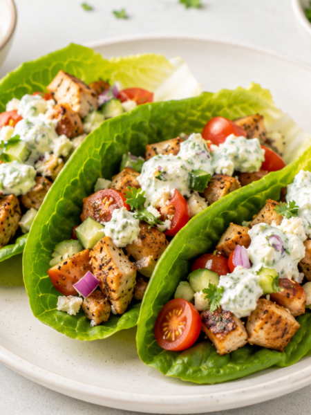 Greek Chicken Lettuce Wraps with Tzatziki