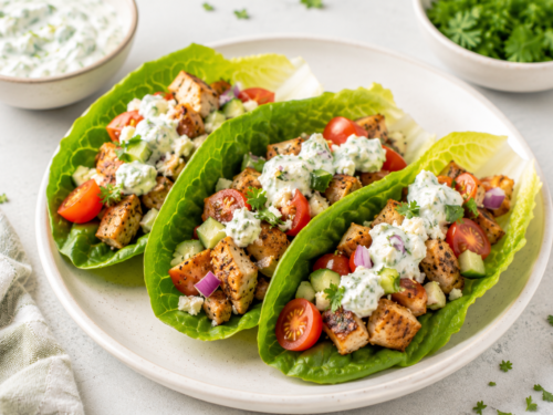 Greek Chicken Lettuce Wraps with Tzatziki